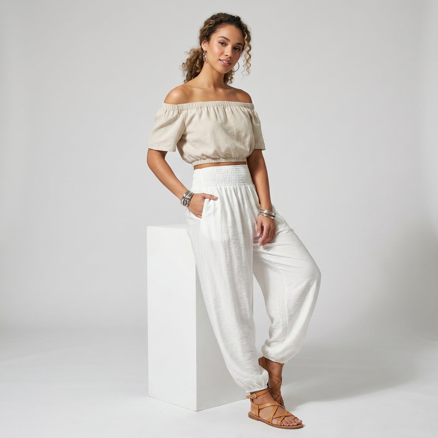 Pantalon Large Sarouel Coupe Bouffante Taille Élastique Smocké à Poches