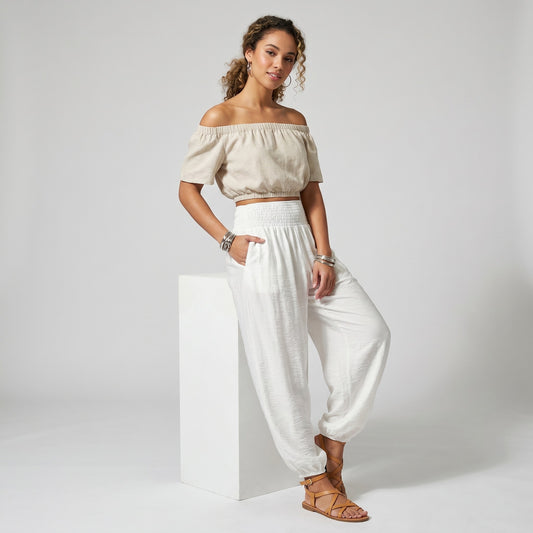 Pantalon Large Sarouel Coupe Bouffante Taille Élastique Smocké à Poches