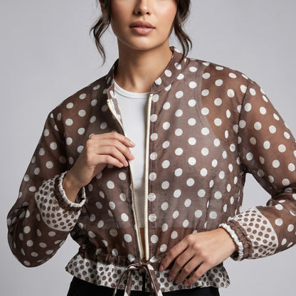 Veste Courte Légère Zippé Imprimé à Pois Fin Taille à Cordon