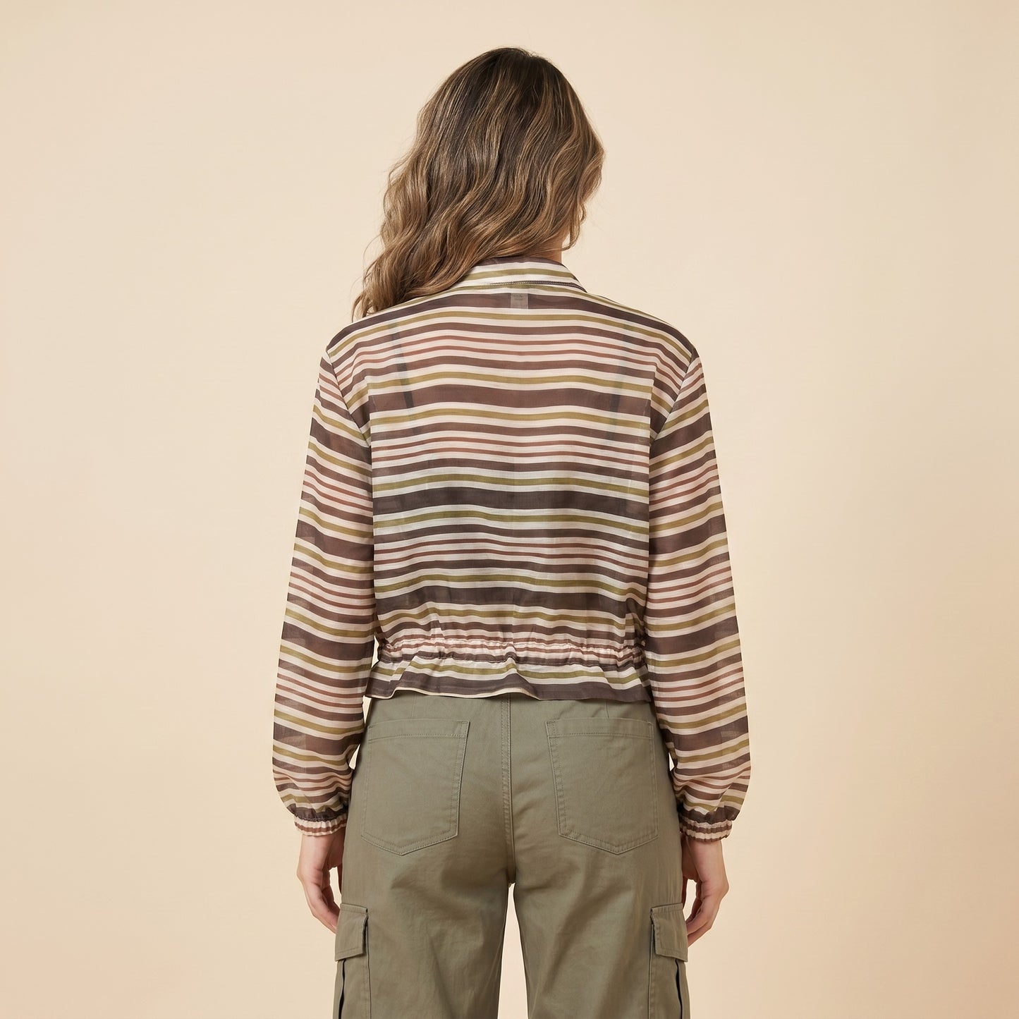 Veste Légère Cropped Cordon à La Taille Zippé Manches Bouffantes Rayé