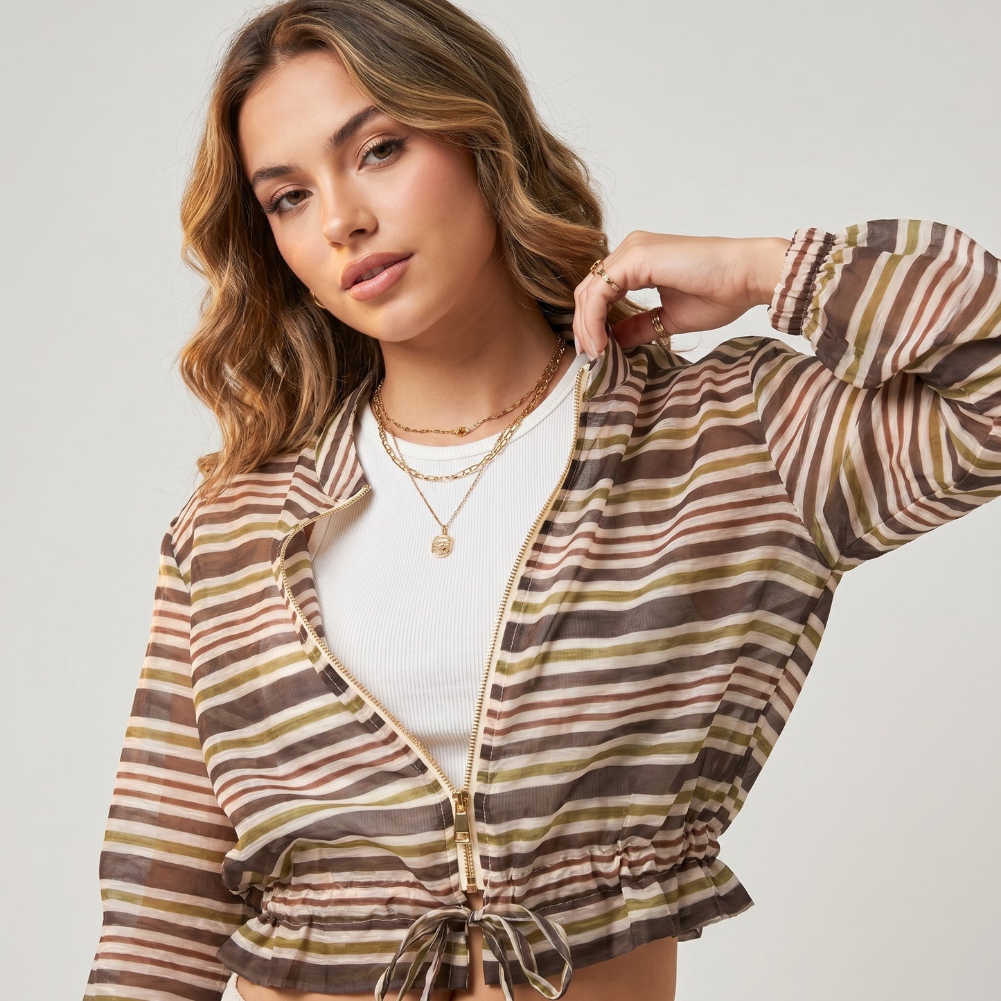 Veste Légère Cropped Cordon à La Taille Zippé Manches Bouffantes Rayé