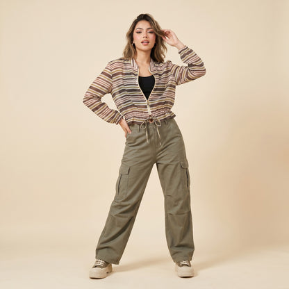Veste Légère Cropped Cordon à La Taille Zippé Manches Bouffantes Rayé