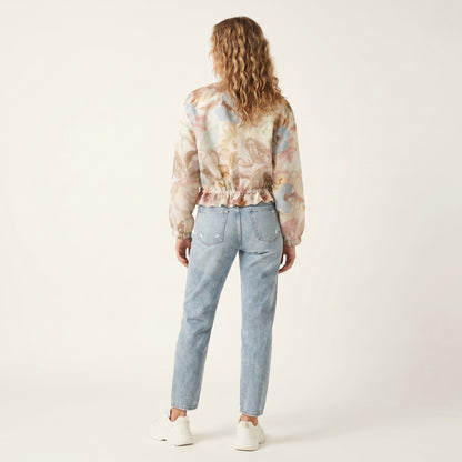 Veste Légère Cropped Motif Fleuri Cordon à La Taille Zippé Manches Bouffantes