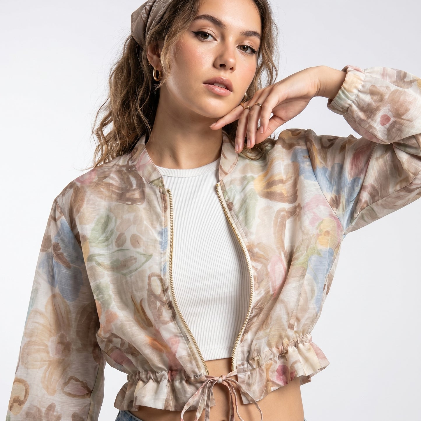 Veste Légère Cropped Motif Fleuri Cordon à La Taille Zippé Manches Bouffantes