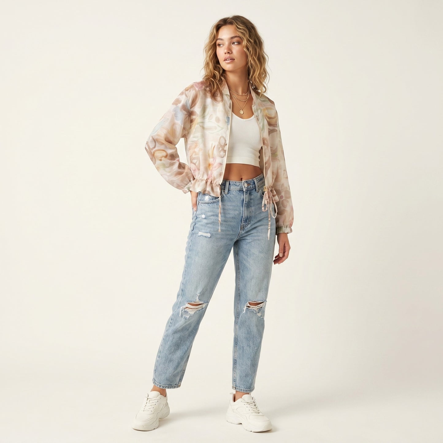 Veste Légère Cropped Motif Fleuri Cordon à La Taille Zippé Manches Bouffantes