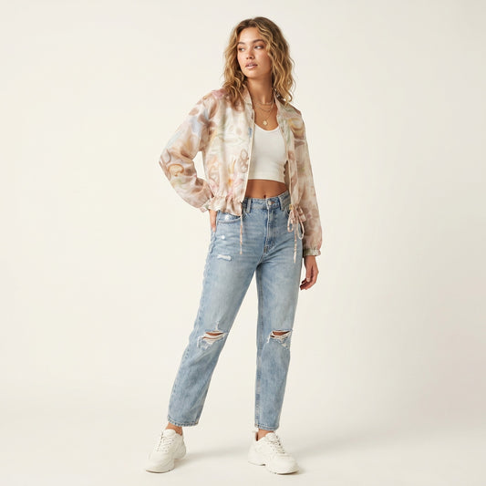 Veste Légère Cropped Motif Fleuri Cordon à La Taille Zippé Manches Bouffantes