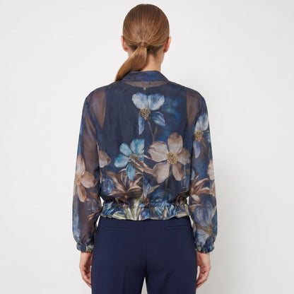 Blouson Léger Zippé à Cordon Poignet Élastique & Motif Floral