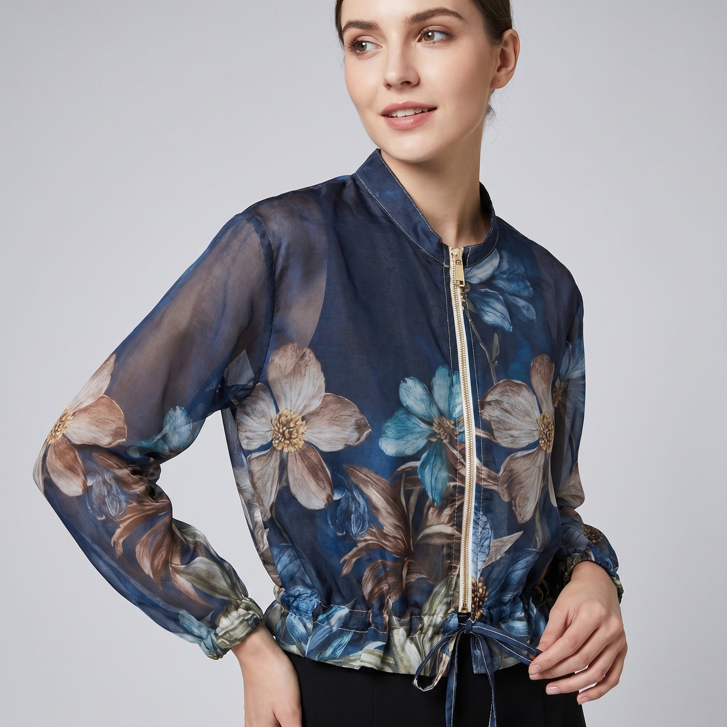 Blouson Léger Zippé à Cordon Poignet Élastique & Motif Floral