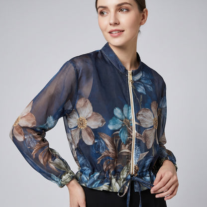 Blouson Léger Zippé à Cordon Poignet Élastique & Motif Floral