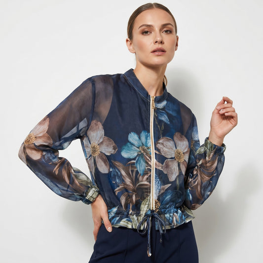 Blouson Léger Zippé à Cordon Poignet Élastique & Motif Floral