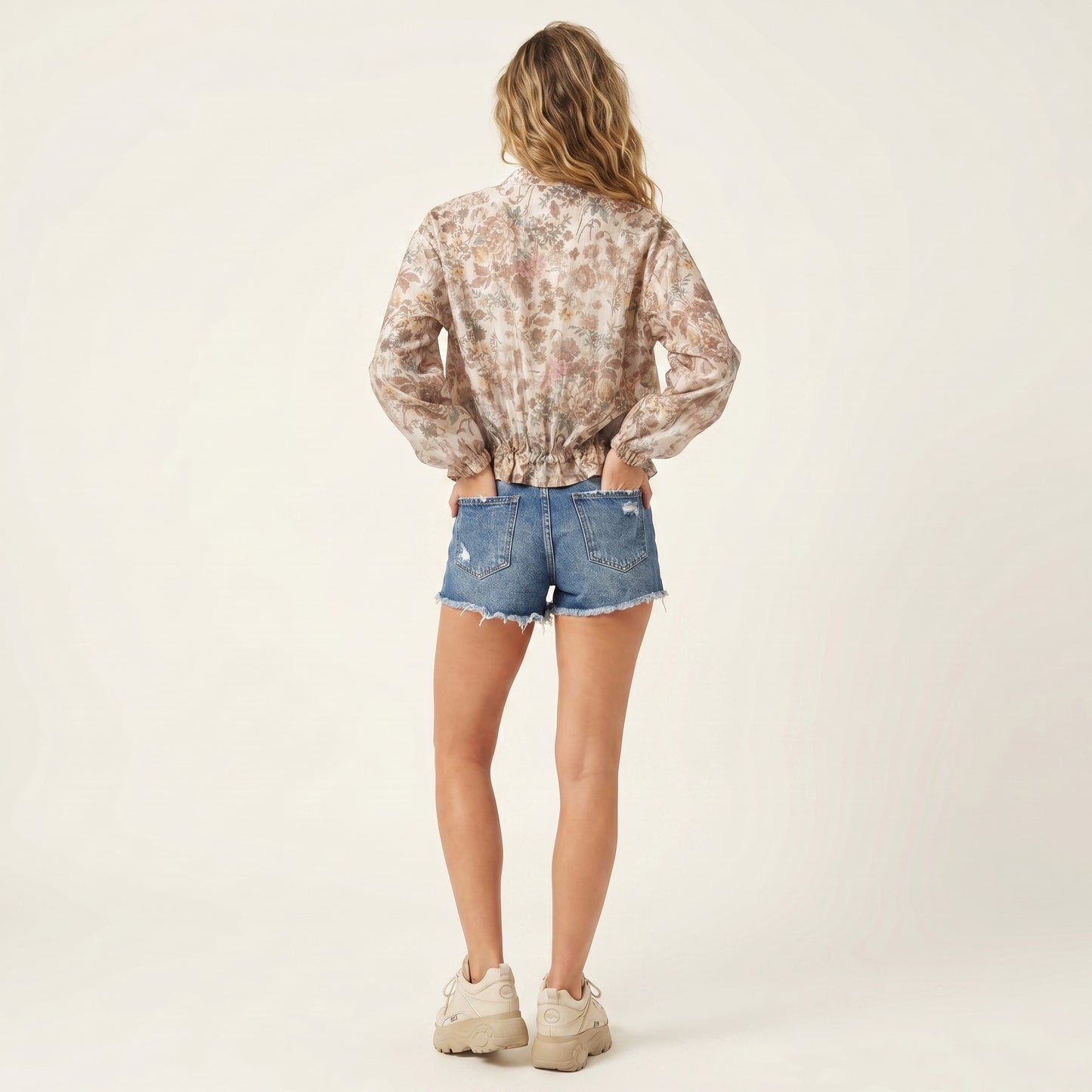 Veste Courte Légère Zippé Imprimé Floral Taille à Cordon