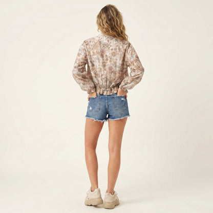 Veste Courte Légère Zippé Imprimé Floral Taille à Cordon