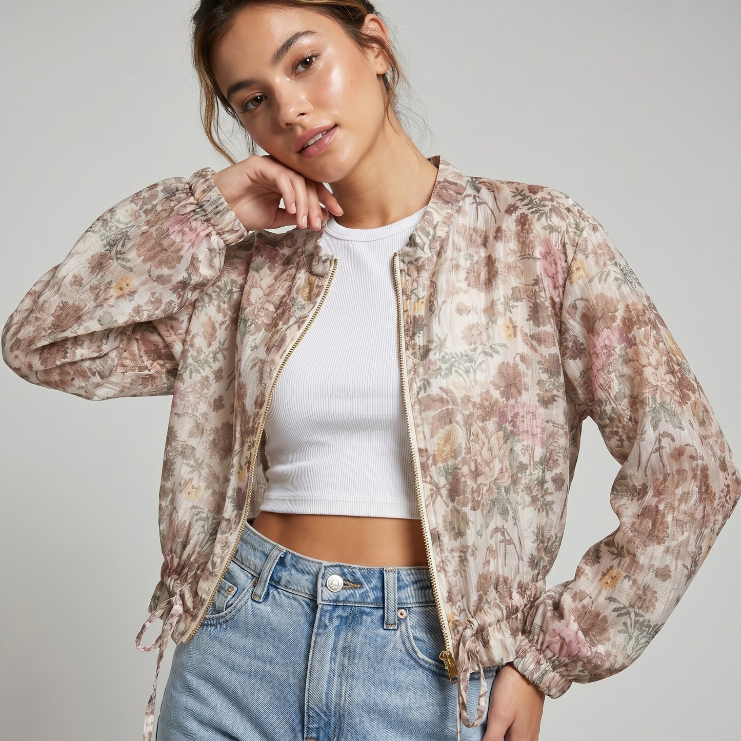 Veste Courte Légère Zippé Imprimé Floral Taille à Cordon