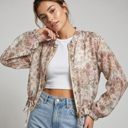 Veste Courte Légère Zippé Imprimé Floral Taille à Cordon