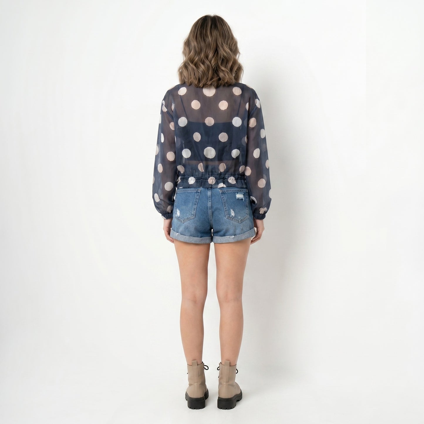 Veste Courte Légère Zippé Imprimé à Pois Taille à Cordon