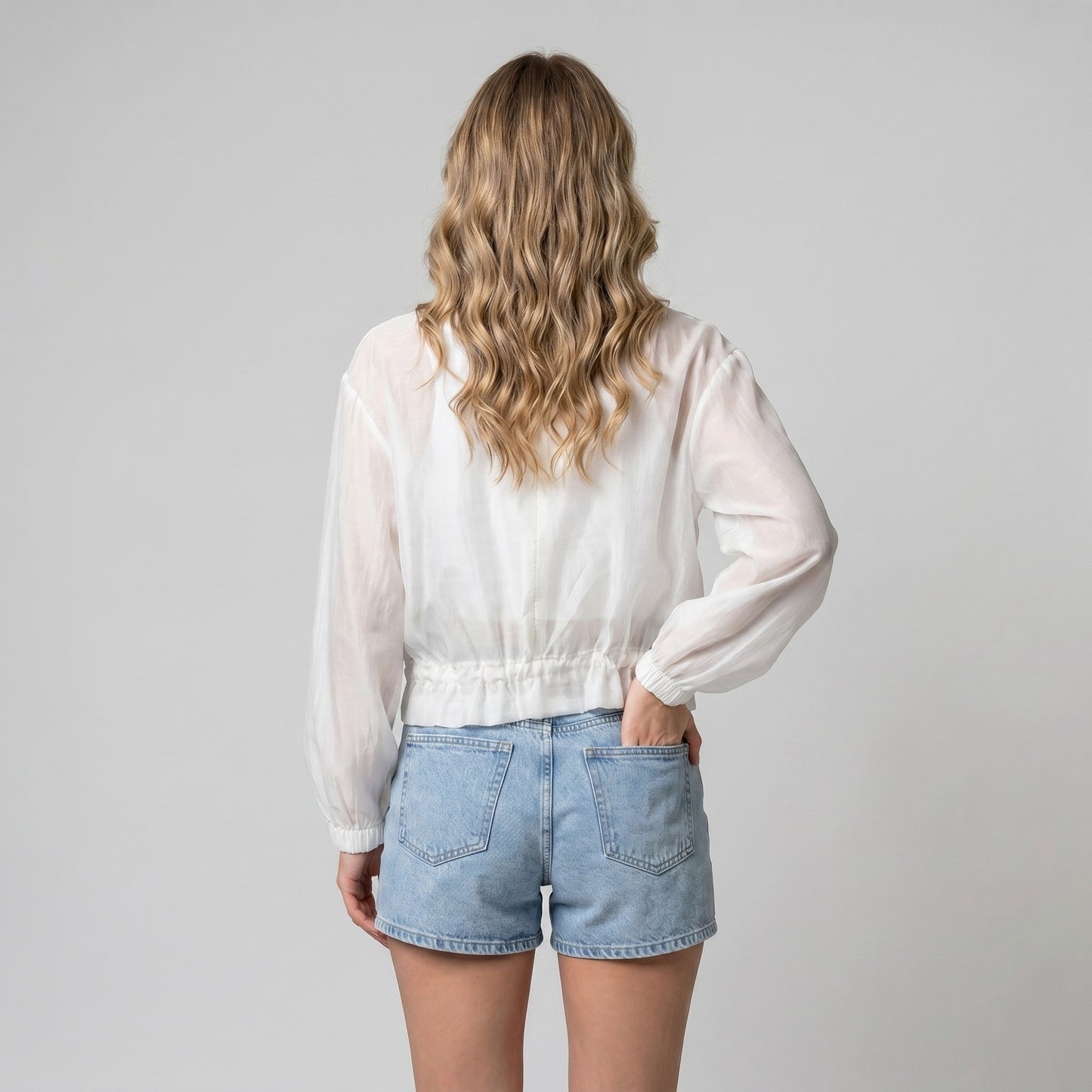 Veste Courte Zippé Manches Bouffantes Taille à Cordon