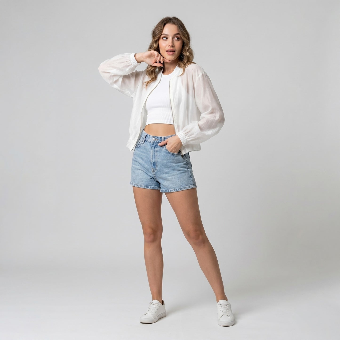 Veste Courte Zippé Manches Bouffantes Taille à Cordon