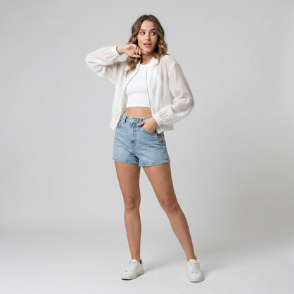 Veste Courte Zippé Manches Bouffantes Taille à Cordon