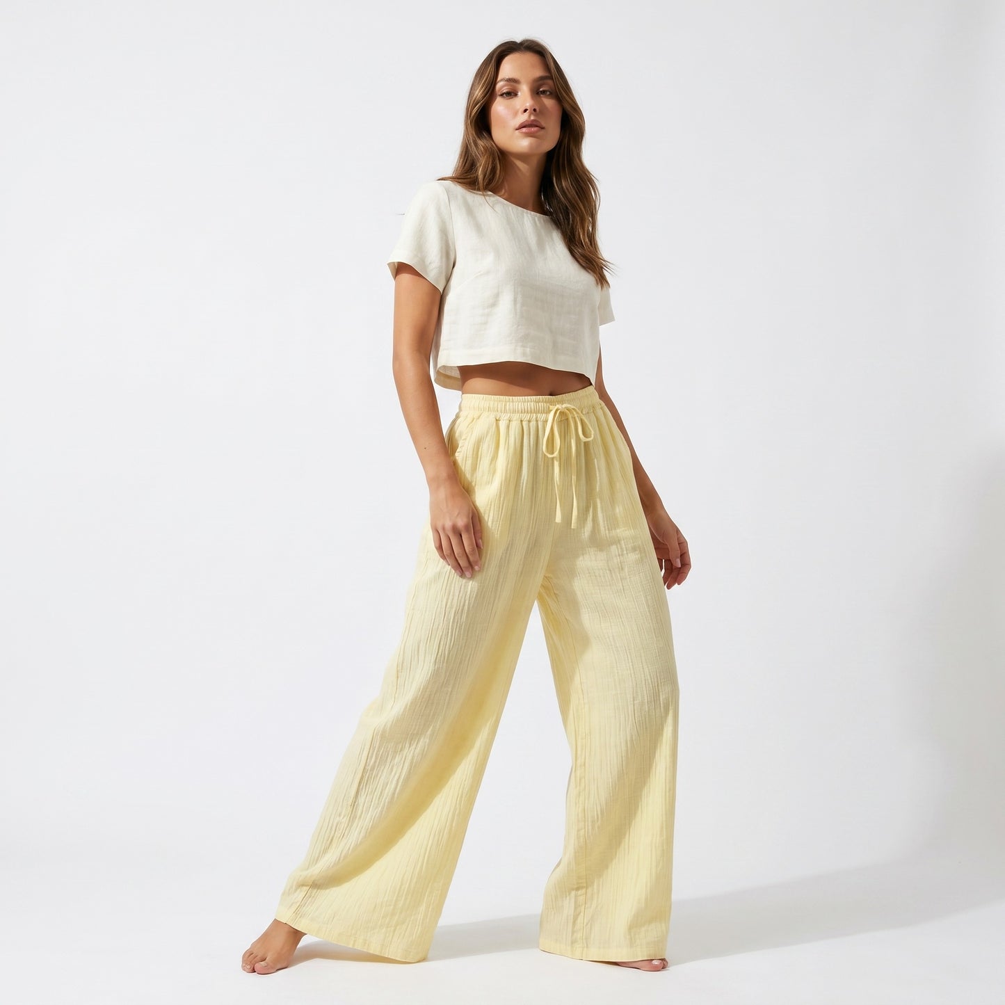 Pantalon Large Léger Taille Élastique & Cordon De Serrage