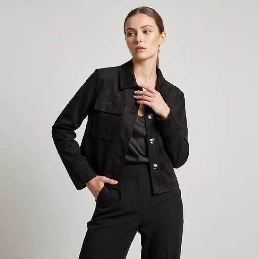 Veste Courte Surchemise Suédine Cropped Poches Plaquées