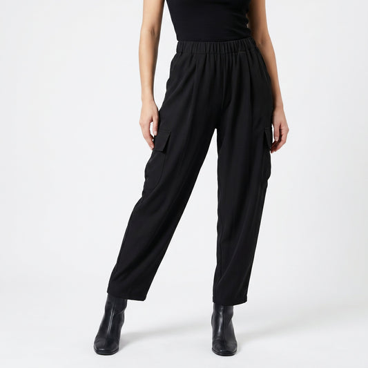 Pantalon Cargo Chic Large à Taille Élastique Texturé Chevron