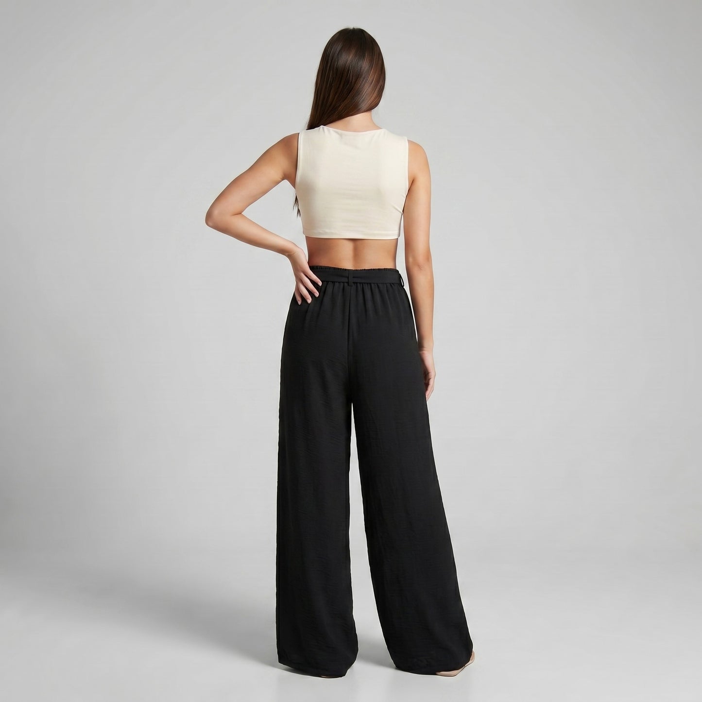 Pantalon Palazzo Large Taille Élastique Ceinture à Nouer