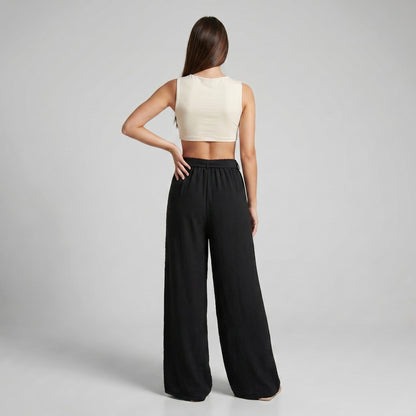 Pantalon Palazzo Large Taille Élastique Ceinture à Nouer