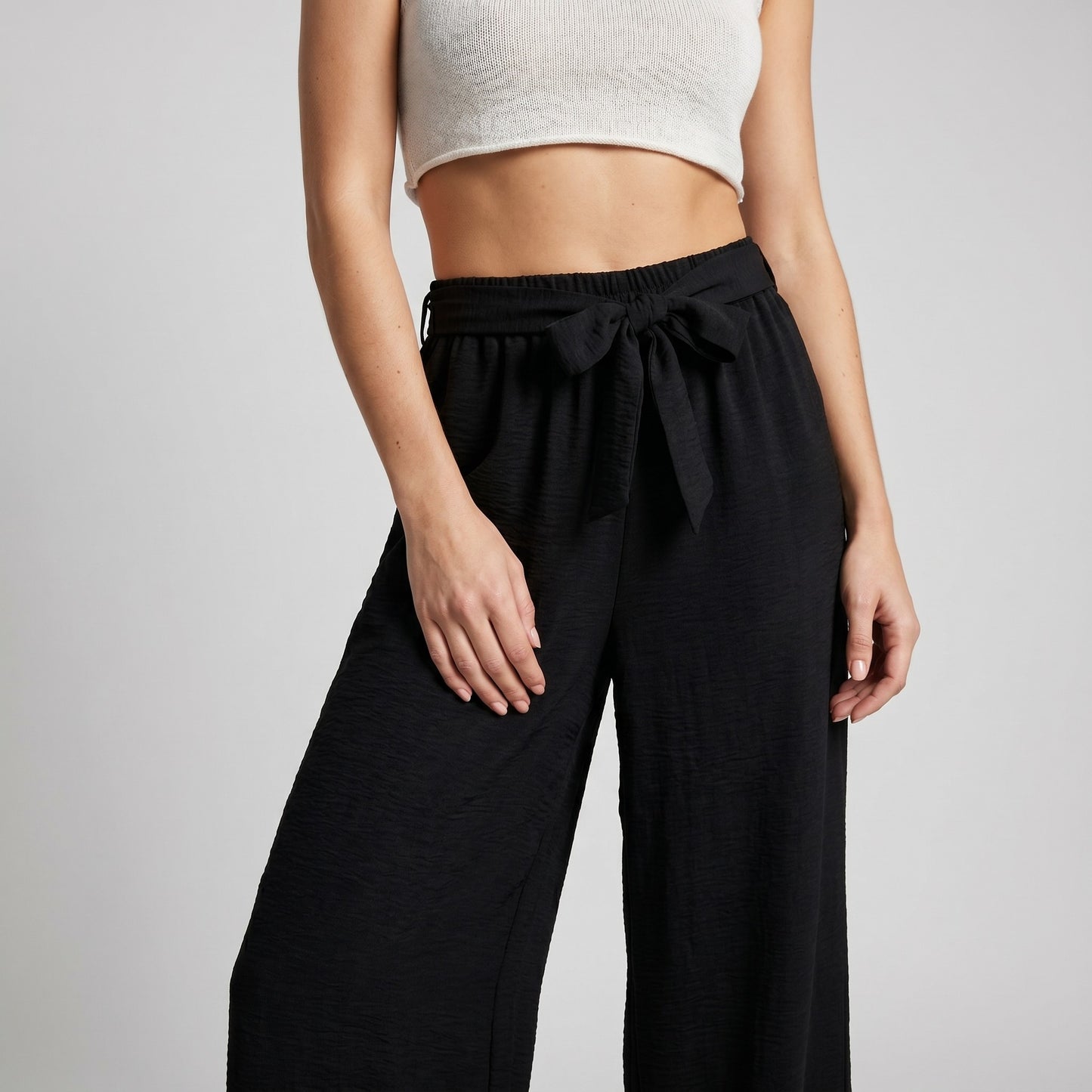Pantalon Palazzo Large Taille Élastique Ceinture à Nouer
