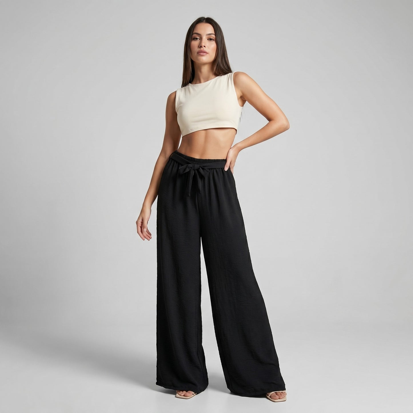 Pantalon Palazzo Large Taille Élastique Ceinture à Nouer