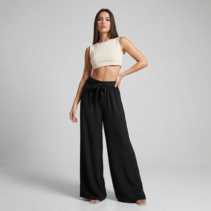 Pantalon Palazzo Large Taille Élastique Ceinture à Nouer