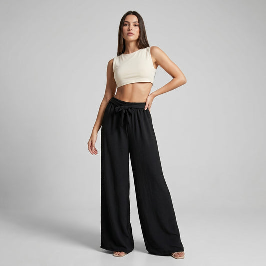 Pantalon Palazzo Large Taille Élastique Ceinture à Nouer