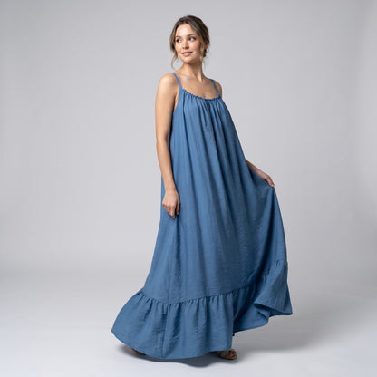 Robe Maxi Fluide Col Froncé Bretelles Fines Bas Volanté