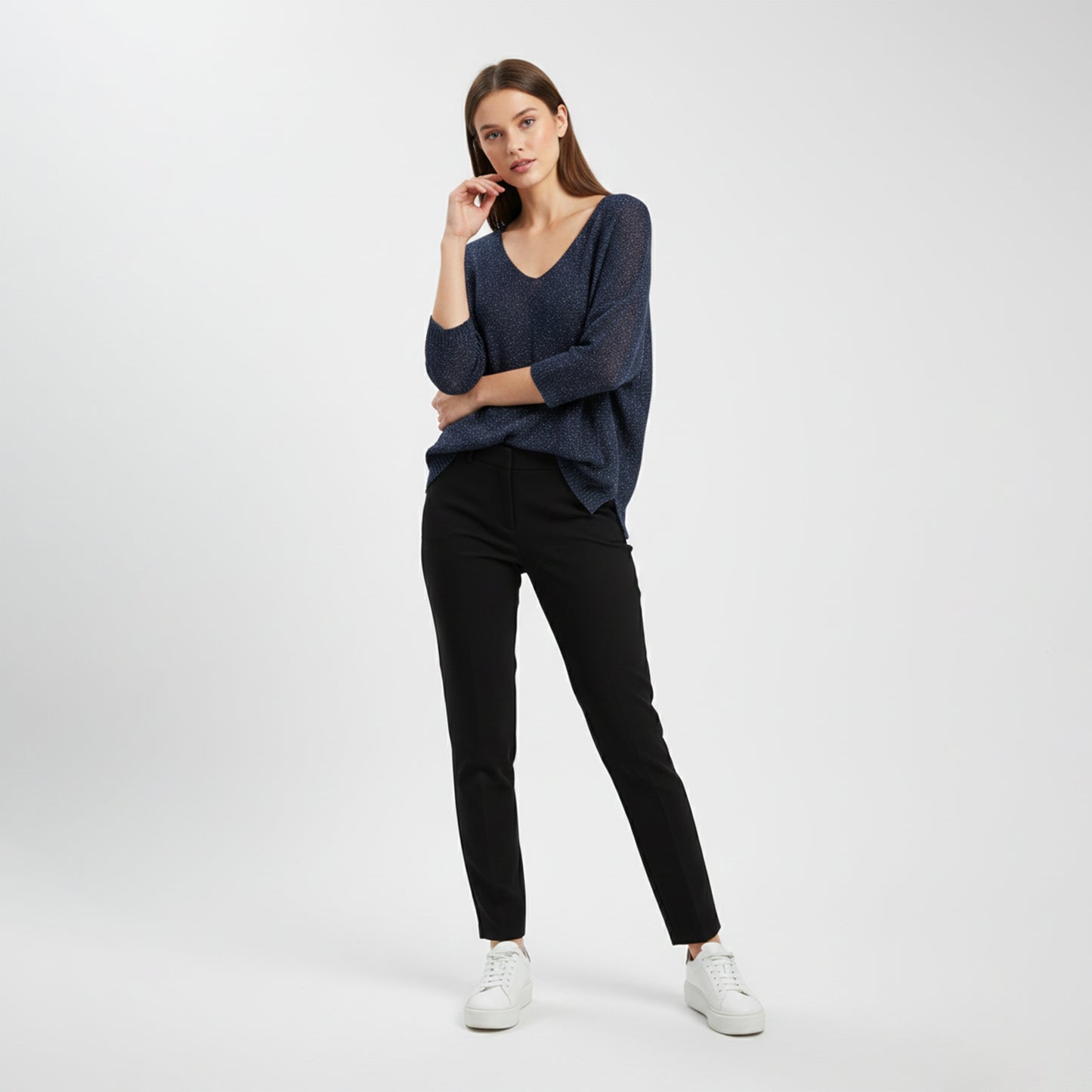 V-Neck Knitted Sweater with Shiny Modal Acrylic Yarn