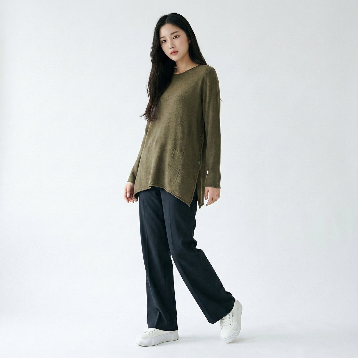 Pull Ample Fentes Cotés Boutonnées Poches Décoratives