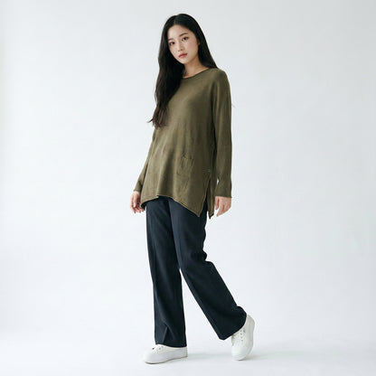 Pull Ample Fentes Cotés Boutonnées Poches Décoratives