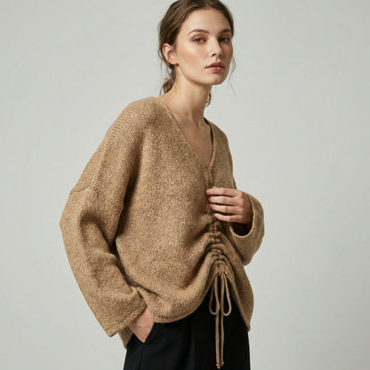 Wide Knit Sweater with V-Neck Gathered Tie 18% Wool