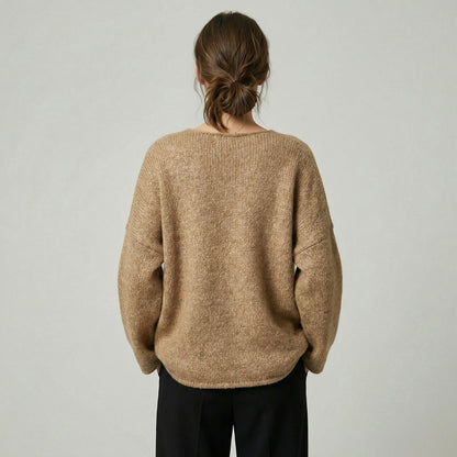 Wide Knit Sweater with V-Neck Gathered Tie 18% Wool