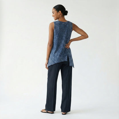 Débardeur 100% Coton Col V Asymétrique En Pointe à Boutons Motif Marbré