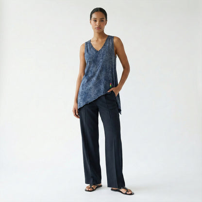 Débardeur 100% Coton Col V Asymétrique En Pointe à Boutons Motif Marbré
