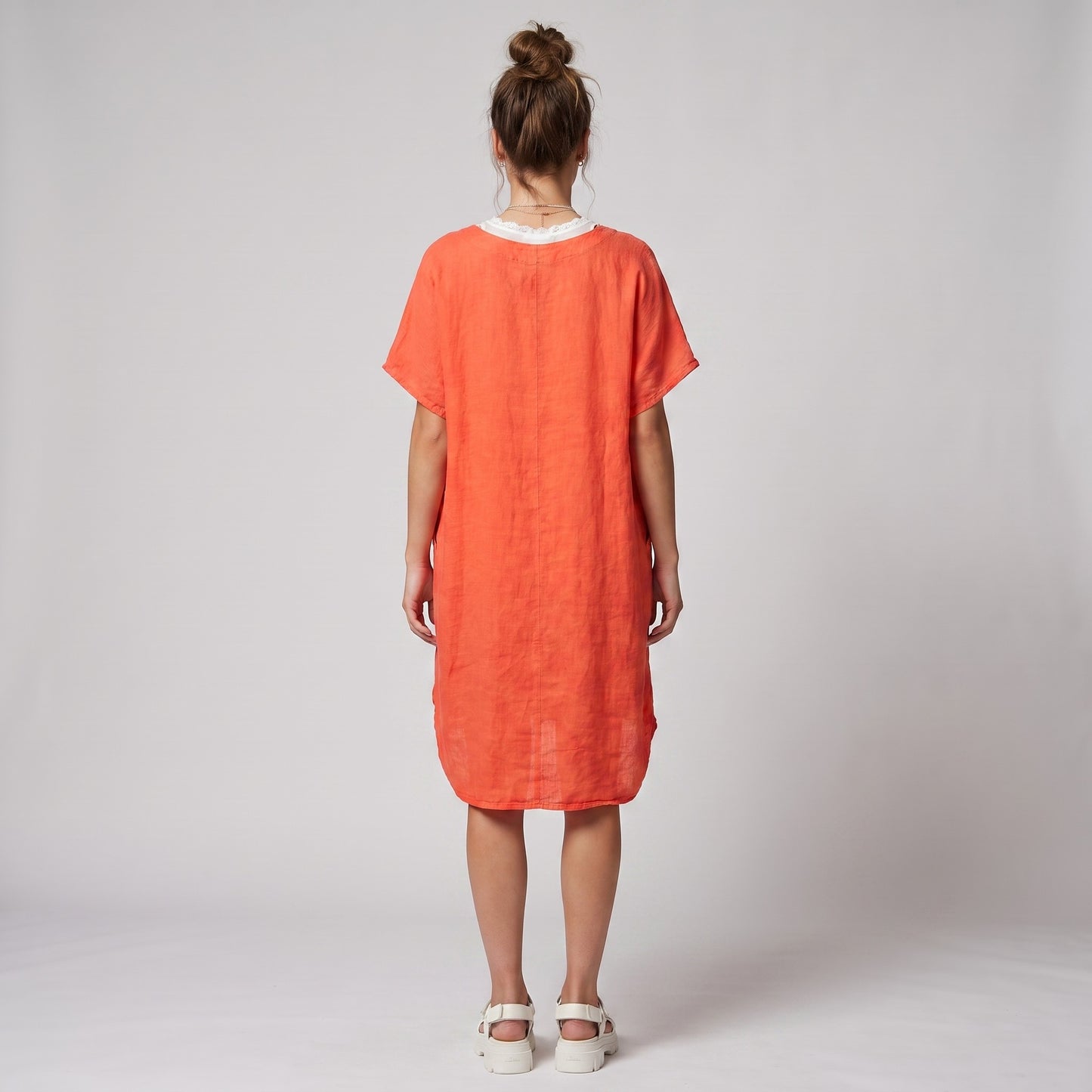 Large V-Neck Tunic with Short Sleeves and Sequin Pockets, 100% Linen