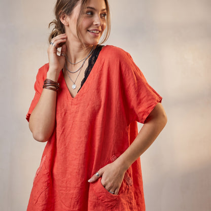 Large V-Neck Tunic with Short Sleeves and Sequin Pockets, 100% Linen