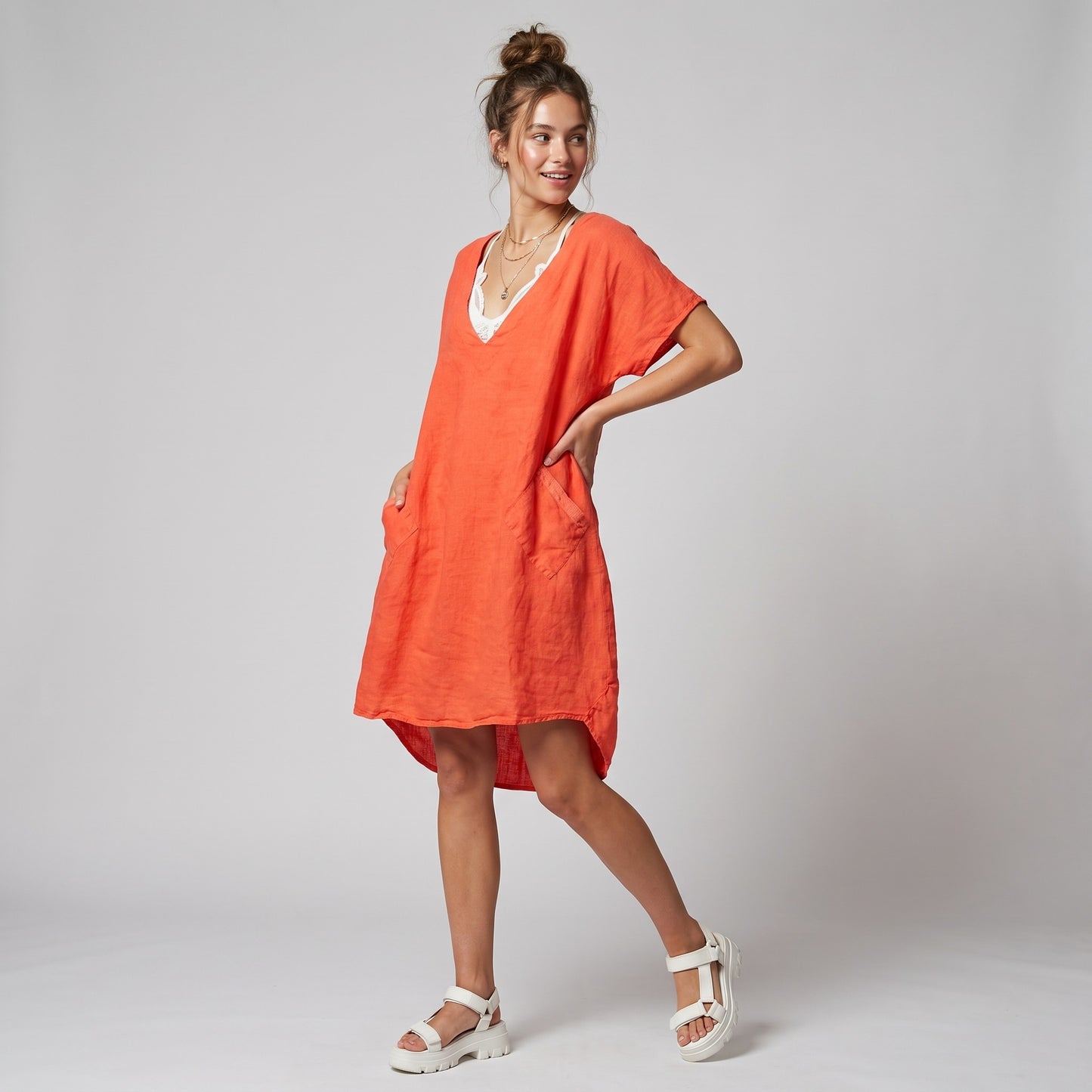 Large V-Neck Tunic with Short Sleeves and Sequin Pockets, 100% Linen