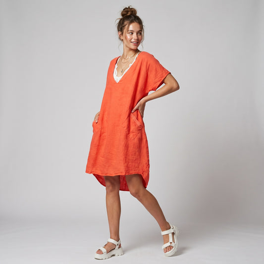 Tunique Large Col V Manche Courte à Poches Sequins 100% Lin