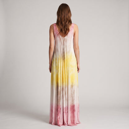 Tricolor Tie &amp; Dye Long Dress with Wide Straps and V-Neck