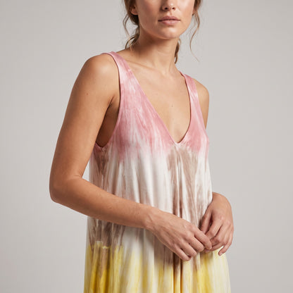 Tricolor Tie &amp; Dye Long Dress with Wide Straps and V-Neck