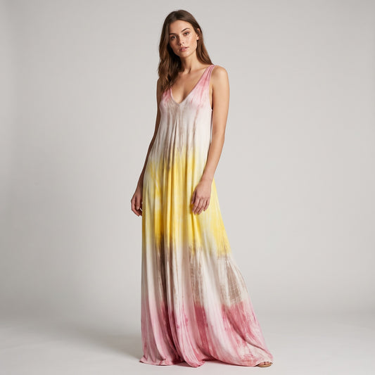 Tricolor Tie &amp; Dye Long Dress with Wide Straps and V-Neck