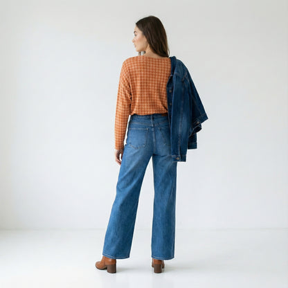 Round Neck T-Shirt with Houndstooth Pattern and Star Print