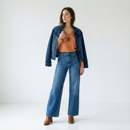 Round Neck T-Shirt with Houndstooth Pattern and Star Print