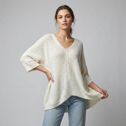 Wide Knit Sweater Scoop Neck 3/4 Sleeve 15% Alpaca Elastic Waist