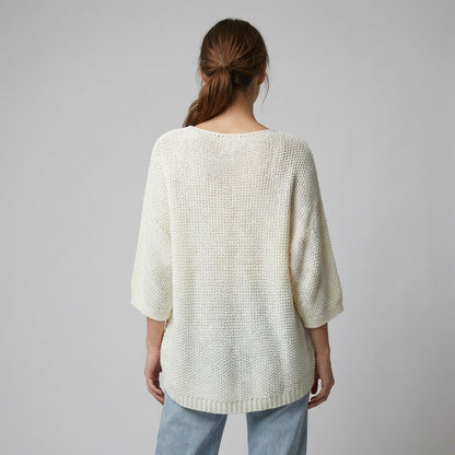 Wide Knit Sweater Scoop Neck 3/4 Sleeve 15% Alpaca Elastic Waist